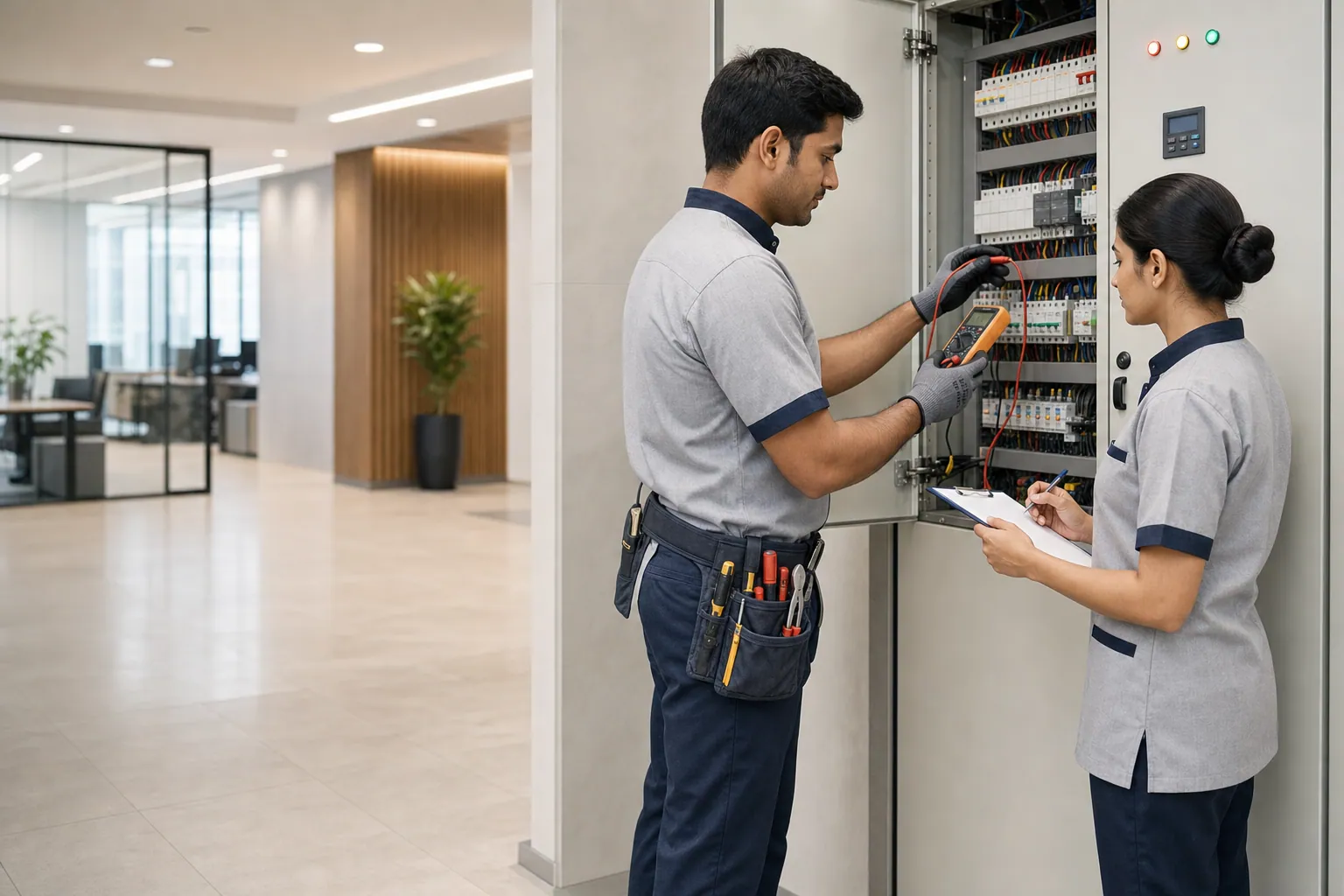 Colabours India technicians carrying out electrical and mechanical facility maintenance