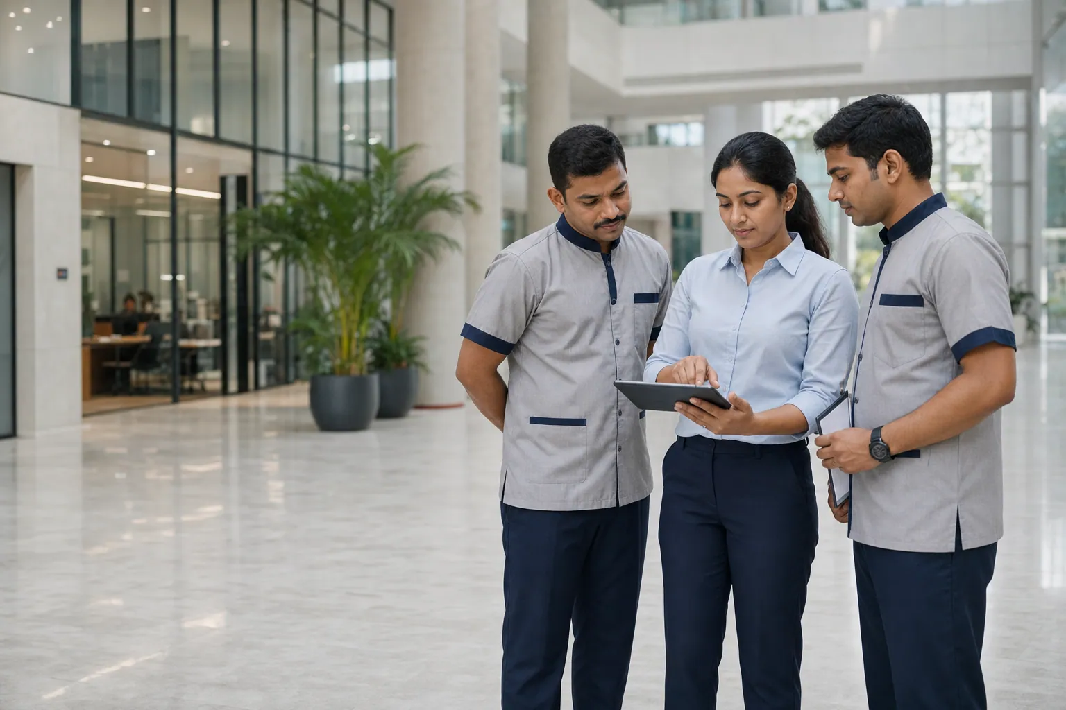 Indian facility manager briefing a Colabours India operations team in a modern office